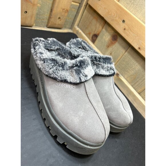 Skechers Womens Fortress Clog Slippers Charcoal Grey Faux Fur Size 9 - Picture 2 of 7